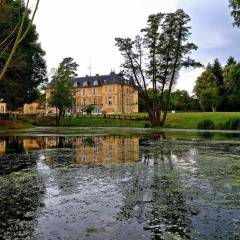 Le château de Vaugrigneuse vu depuis les berges de l’étang.