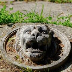 Tête de lion devant le bassin au triton